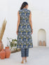 Dark Blue Pure Cotton Floral Printed A-line Kurta Pant Set